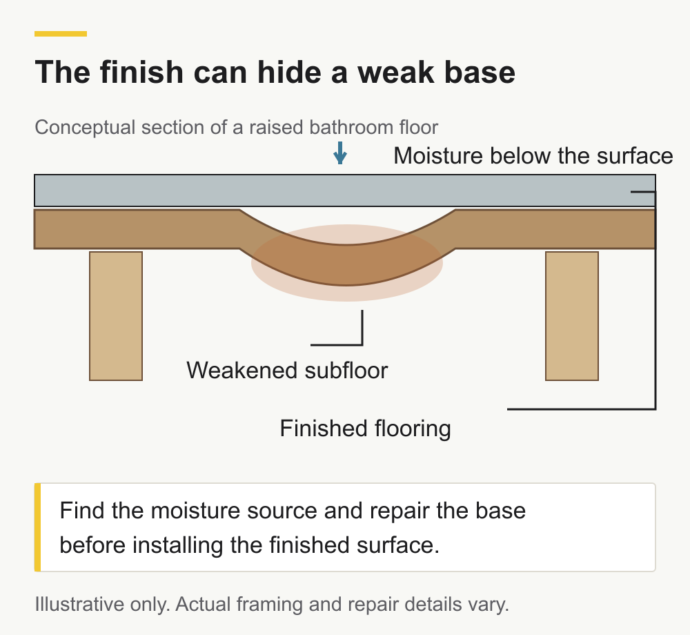 Illustrative raised floor section with finished flooring over weakened subfloor between supporting joists
