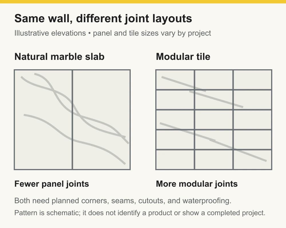 Illustrative shower wall elevations comparing two large natural-marble panels with a grid of smaller modular tiles; both layouts retain joints